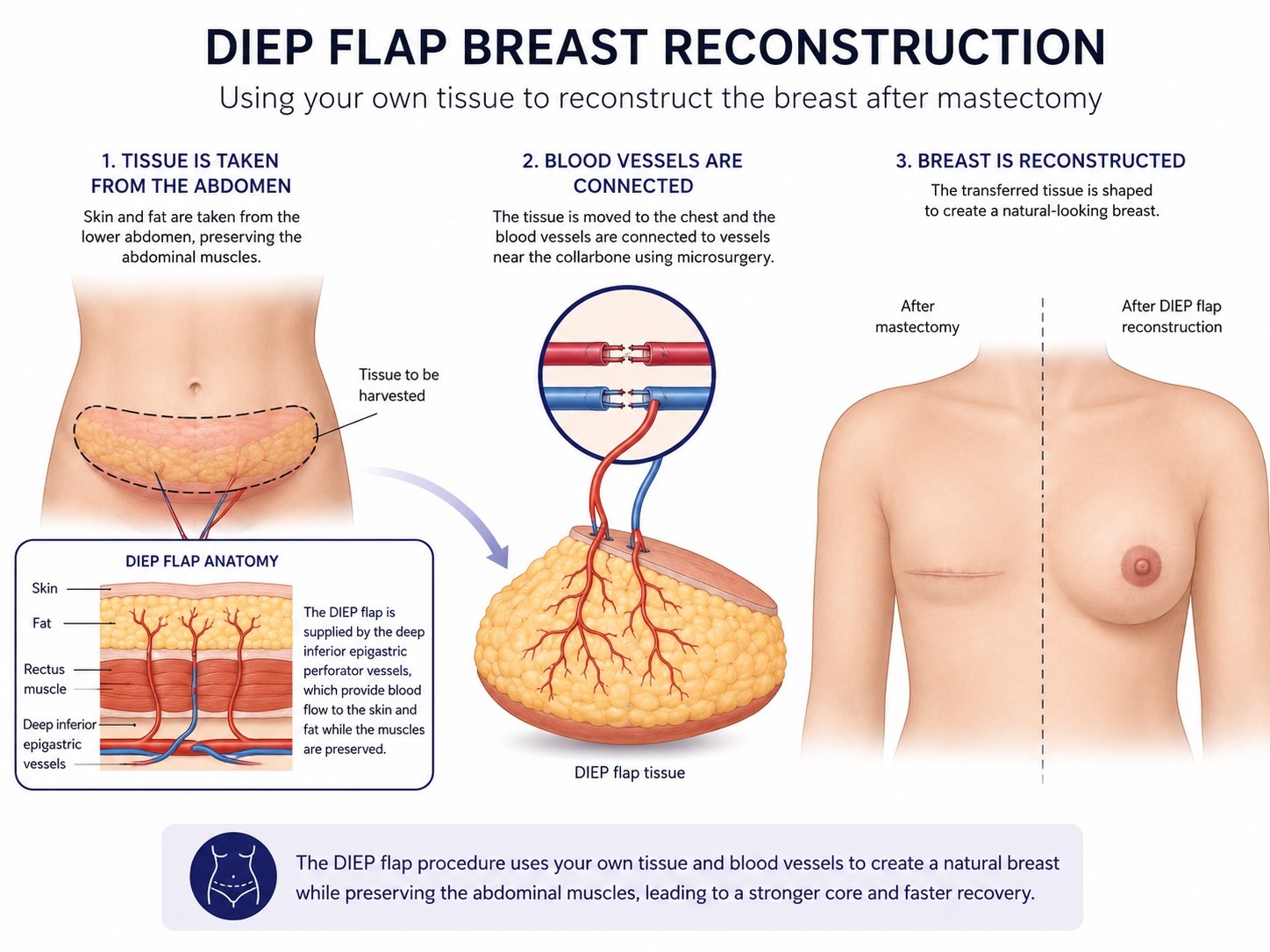 DIEP flap breast reconstruction diagram showing how tissue from the lower abdomen is used to reconstruct the breast after mastectomy
